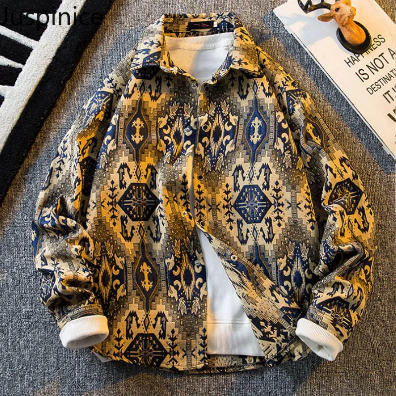 

Spring Autumn Ethnic Style Retro Long-sleeved Shirt Men's Handsome Loose Casual High Street Personalized Shirts Male Clothes