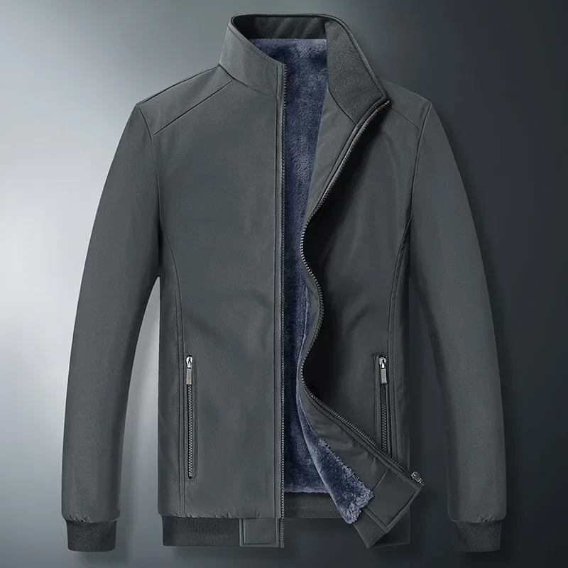 سترة كاجوال سميكة مبطنة بالصوف للرجال بياقة واقفة ملابس خارجية شتوية دافئة ملابس على طراز الأب بطول منتظم #4