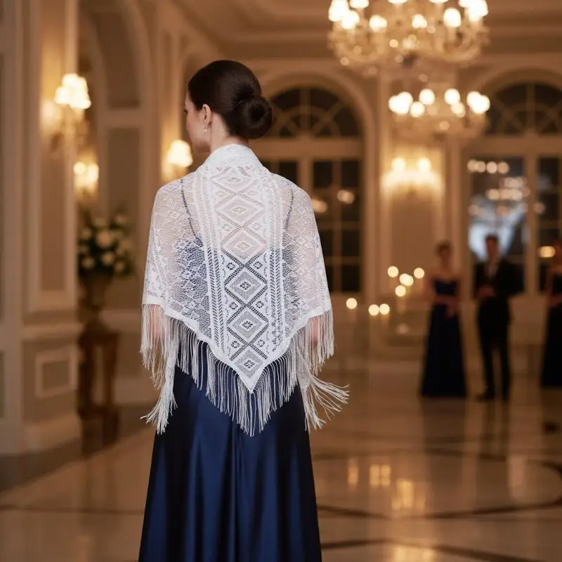 Polyester Lace Hollow Triangle Shawl, Pure Color Embroidery Tassel Transparent Mesh Scarf, Wedding Scarves For Party Ceremony