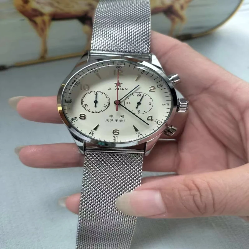 Vintage 1963 China Aviation 21 Zuan Pilot Watch,42mm Quartz Chronograph Waterproof Military Men Wristwatch Nylon Strap