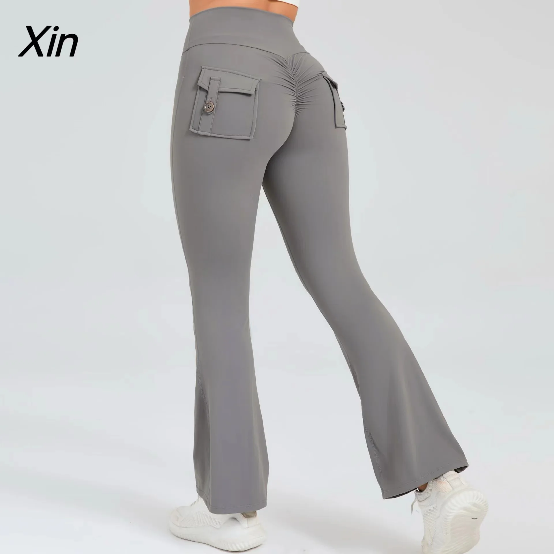 Mallas deportivas informales para mujer, pantalones Cargo de cintura alta con bolsillo, pantalones de gimnasio, Leggings Acampanados para Fitness