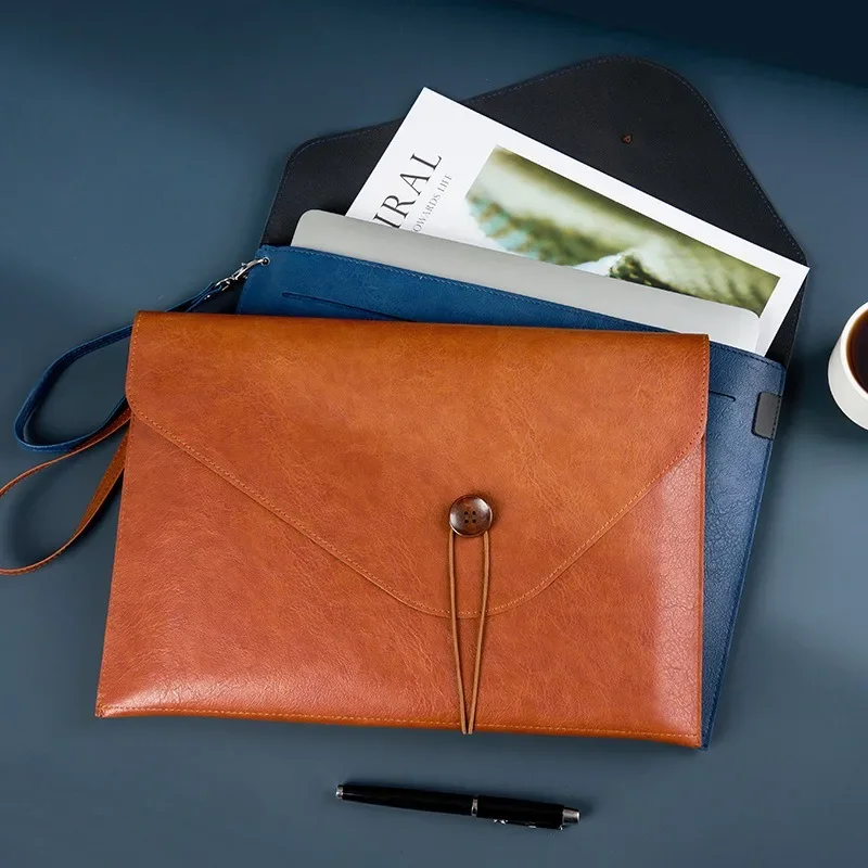 A4 Leather Document File Bag Large Capacity Double Layer Business Briefcase Organizer Storage for Office Work Portfolio