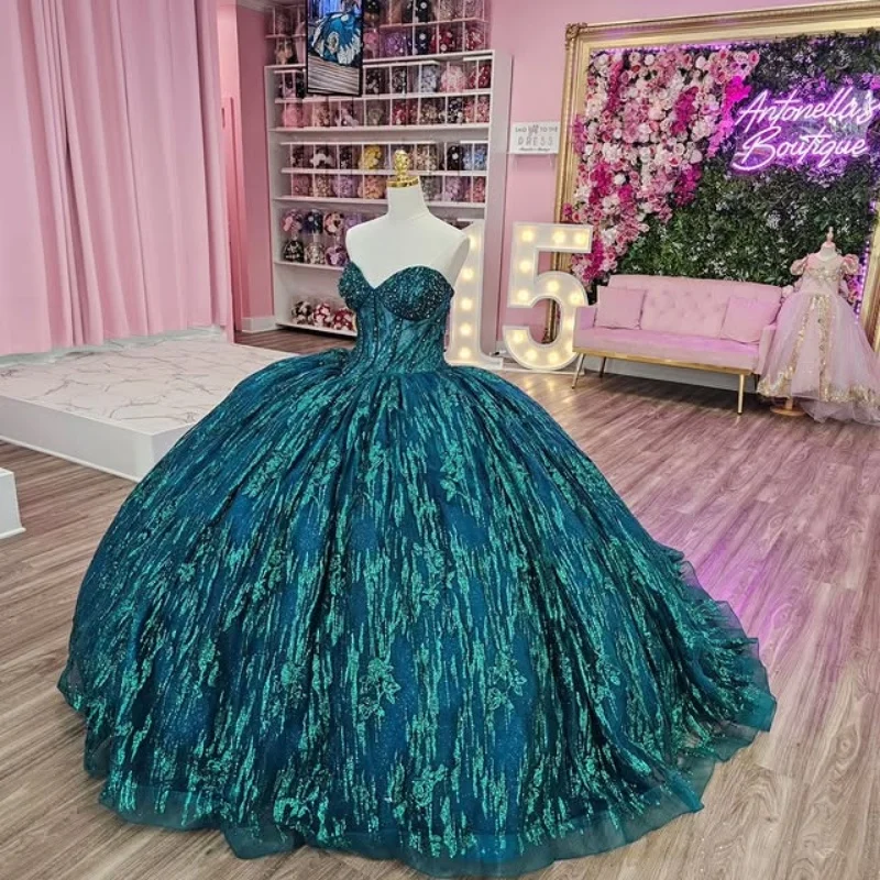 Abiti Quinceanera verde nerastro lucido personalizzati con spalle scoperte applique con paillettes in pizzo Vestido De 15 Quinceanera