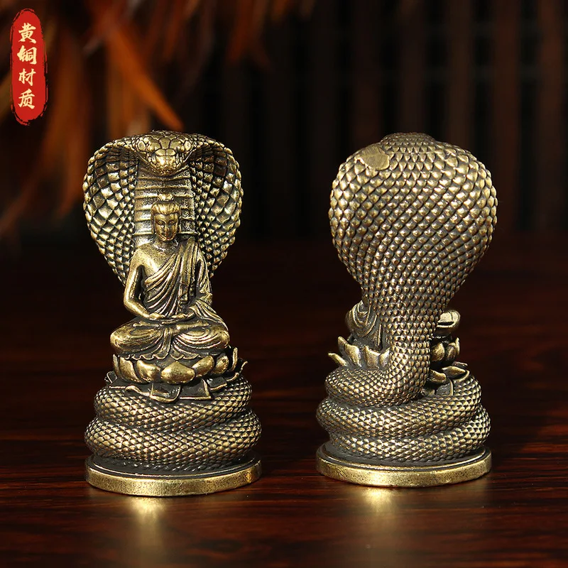 Brass Naga Statue, Retro Chinese Style Snake Guardian Buddha Figurine, Altar Decoration
