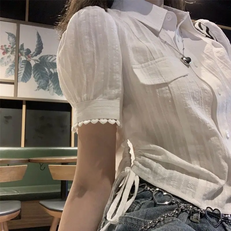 Shirring Shirts and Blouses Korea Short Sleeve Top Women 2024 Summer Button Sweet Blouses Pocket Elegant Solid White Clothes New