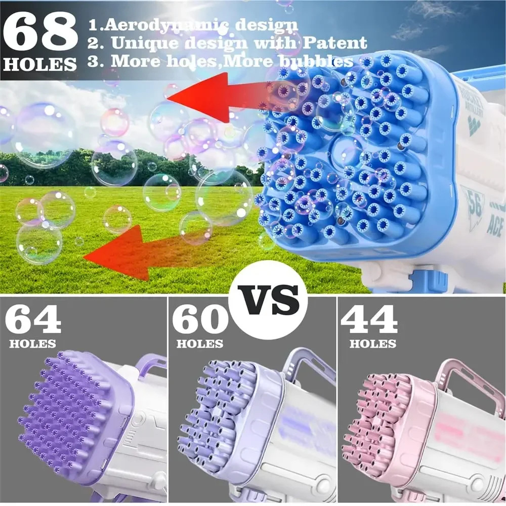 Bazooka maszyna do baniek mydlanych, 2023 ulepszenie 68 otworów rakieta z maszyna do baniek mydlanych LED, gra na świeżym powietrzu weselny na