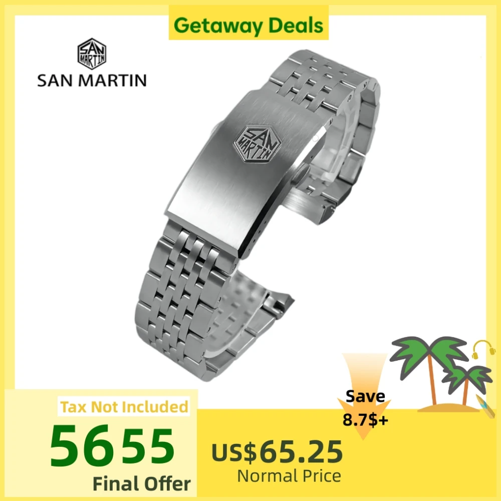 

San Martin Brushed Steel Bracelet 316L Stainless Steel Watchband 20mm For Men Watch Strap Rust Resistant Business Elite SN044