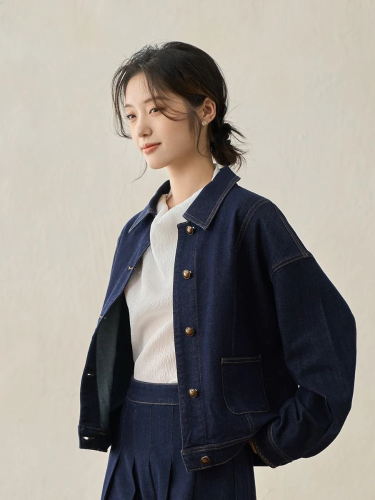 Vintage blauwe spijkerjas voor dames - minimalistische jas van katoenmix |   Lente Herfst Urban Casual Essential bovenkleding met lange mouwen
