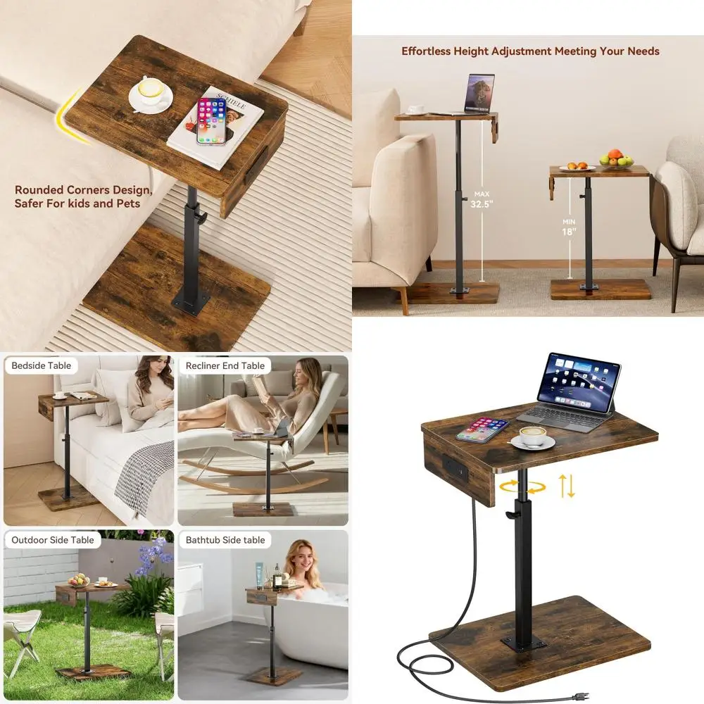 

Adjustable Height 360° Swivel C-Shaped End Table with Charging Station for Living Room, Sofa, Chair, and Small Spaces