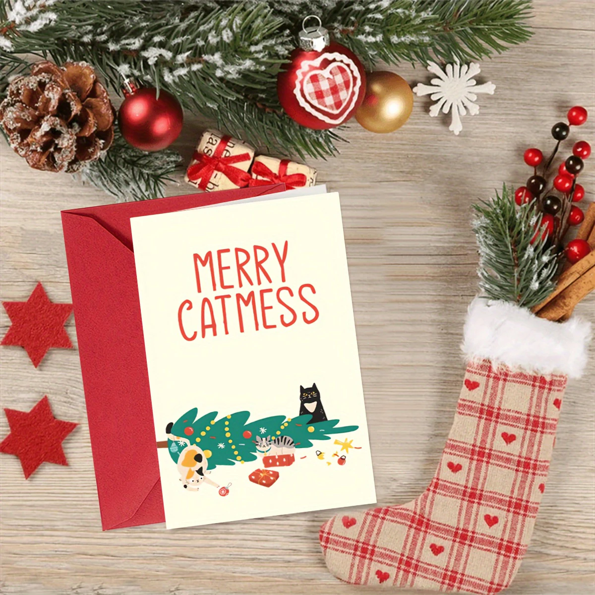 

1PC Christmas Tree and Cat Pattern Greeting Card, Suitable for Holiday Invitations, Greeting and Thank You Cards (with Envelope)