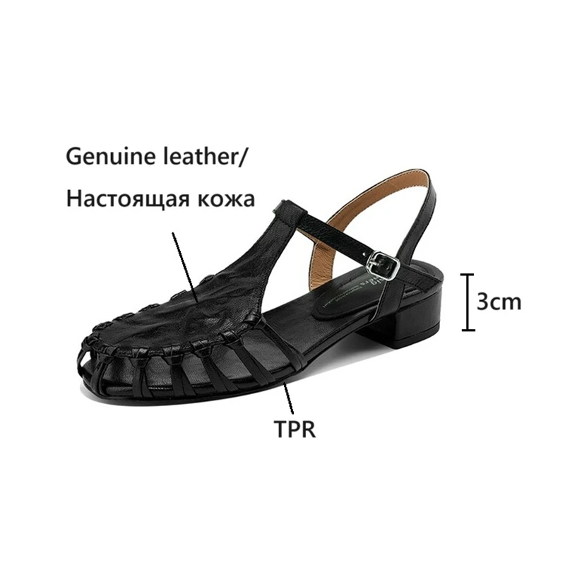 NEW Summer Women Sandals Genuine Leather Shoes for Women Round Toe Chunky Heel Shoes Elegant Cover Toe Slingback Hollow Sandals