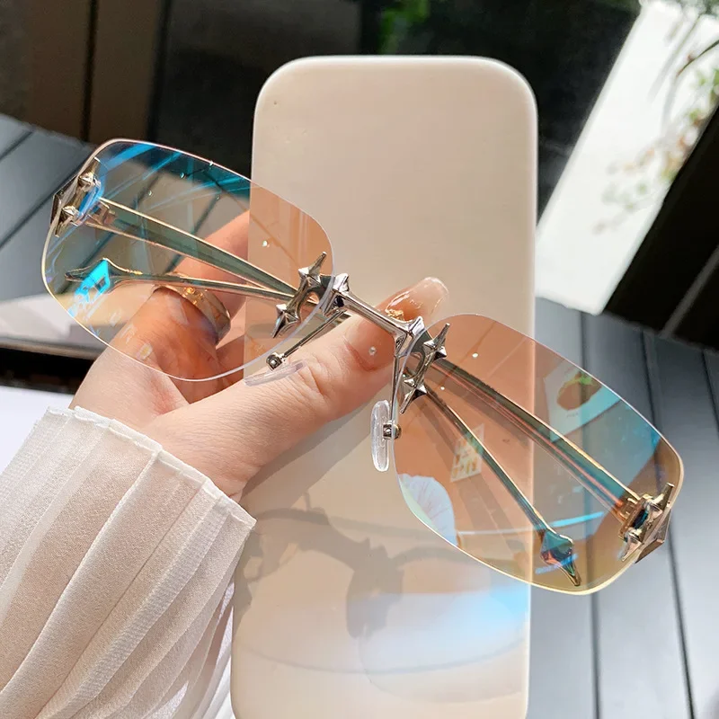 

Y2K Vintage Rimless Square Sunglasses Women For Men Luxury Brand Designer Sun Glasses Punk Popular Hip Hop Rivet Star Shades UV