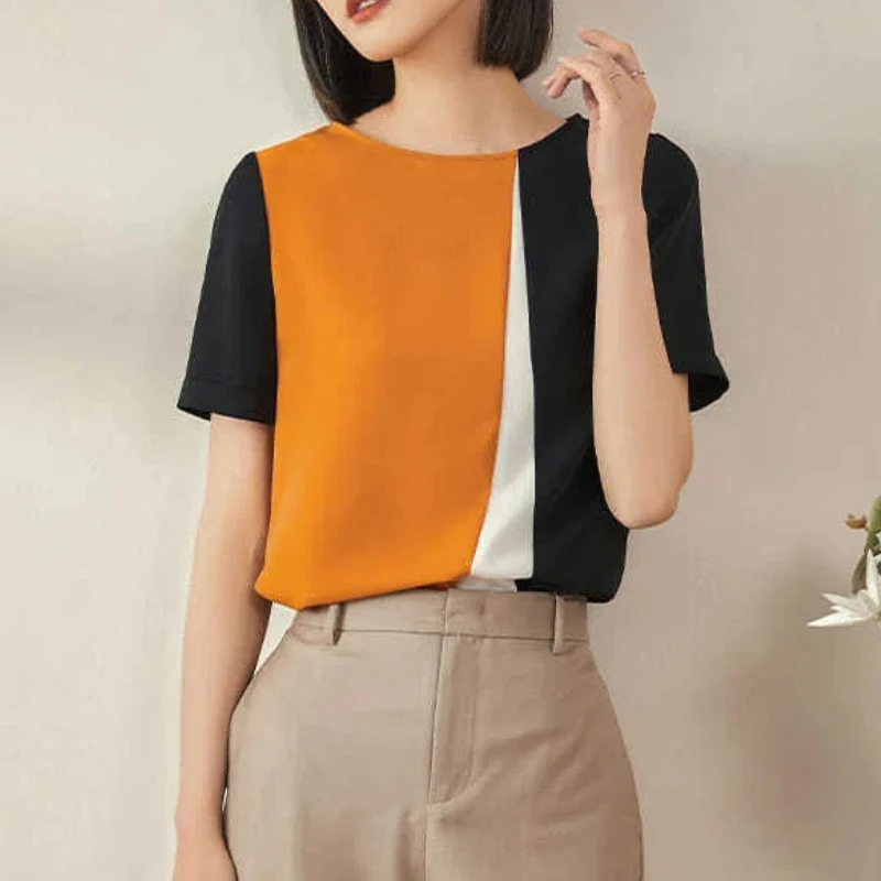 Summer New Fashion Commute Women\'s Round Neck Spliced Contrast Color Thin Shirts Loose All-match Short Sleeve Pullover Blouses