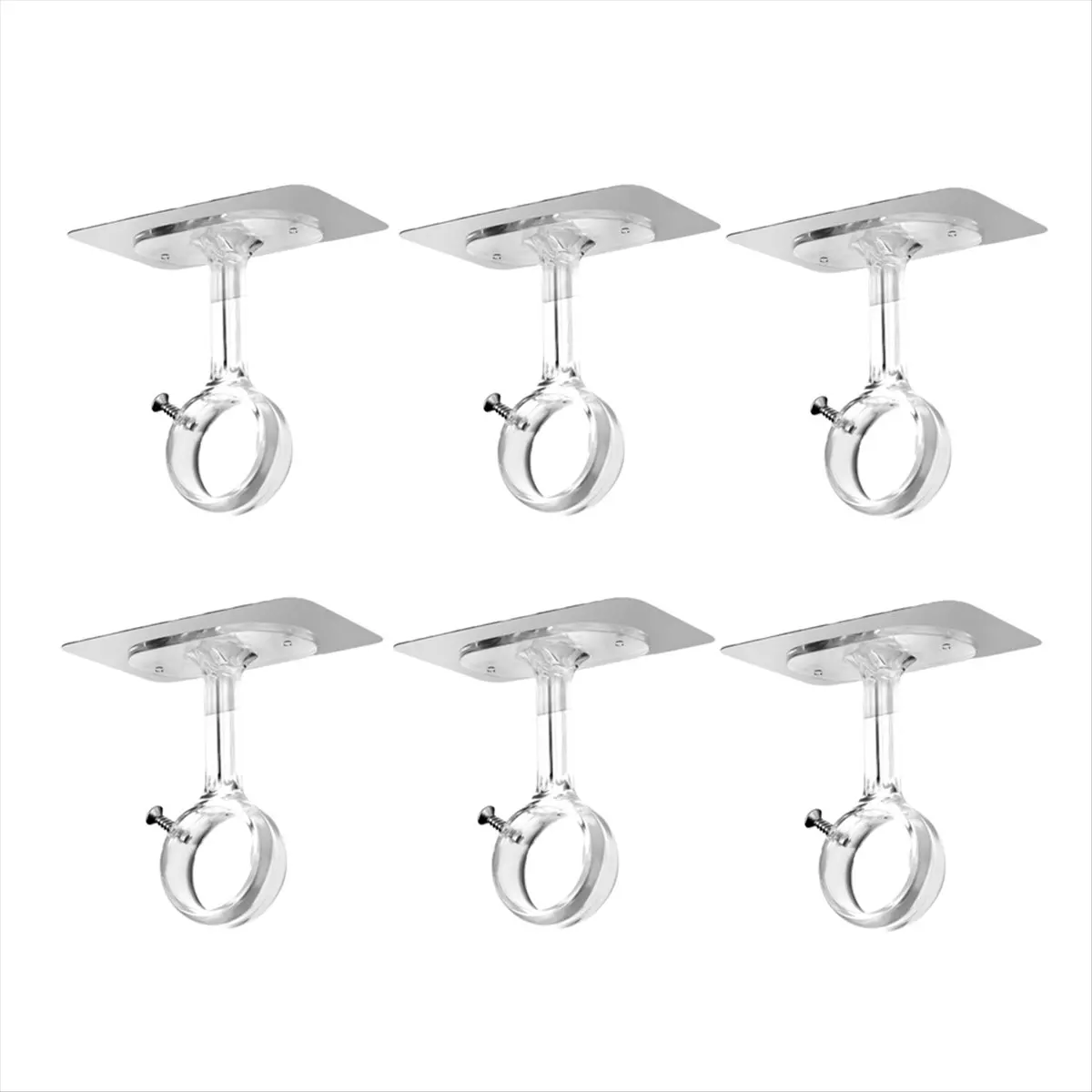 6 Pack No Drill Ceiling Mount Rod Brackets, Heavy Duty Self Adhesive Holders, Adjustable Hooks Hanging Transparent
