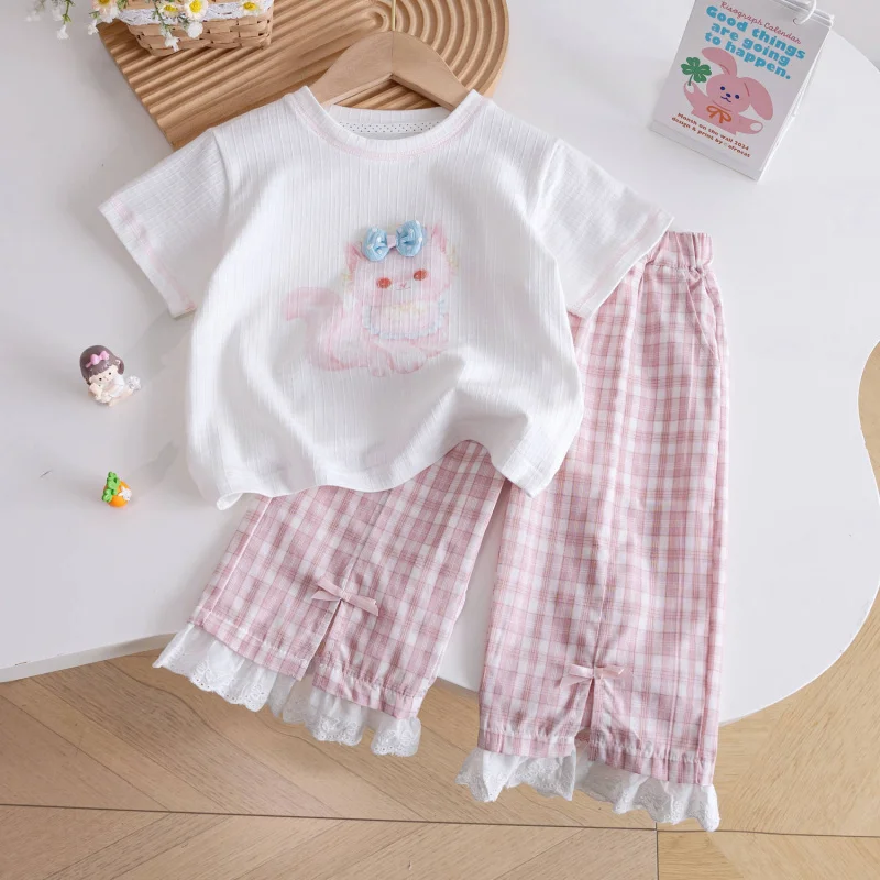 

Baby Girl Summer Casual Outfit Toddler CottonTShirt Top+Nine-Point Plaid Wide-Leg Pants Stylish Set Summer New