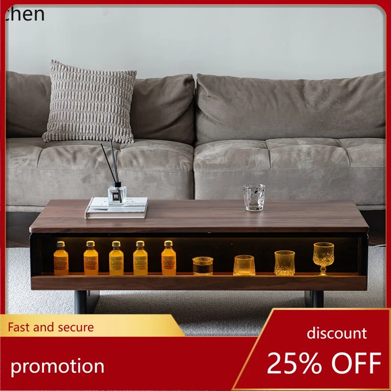 W5.19 walnut solid wood rock slab coffee table display modern black rectangular small apartment with lighting atmosphere