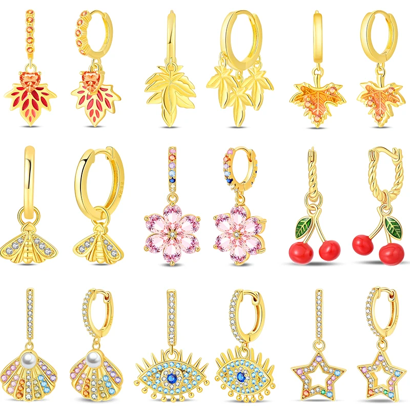 925 Sterling Silver Hoop Earrings Golden Maple Leaf Bee Cherry Pendant Earrings For Women Fine Anniversary Jewelry Gifts