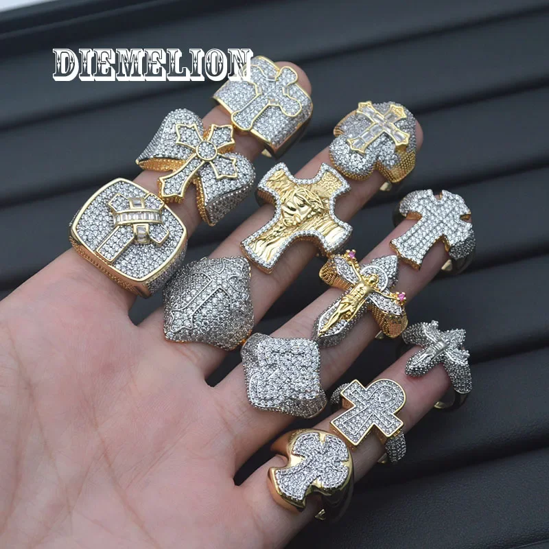 Anillos de dedo cruzados grandes de estilo bicolor de lujo, pavé completo helado AAAAA, circonita, moda para mujeres y hombres, joyería de Hip Hop