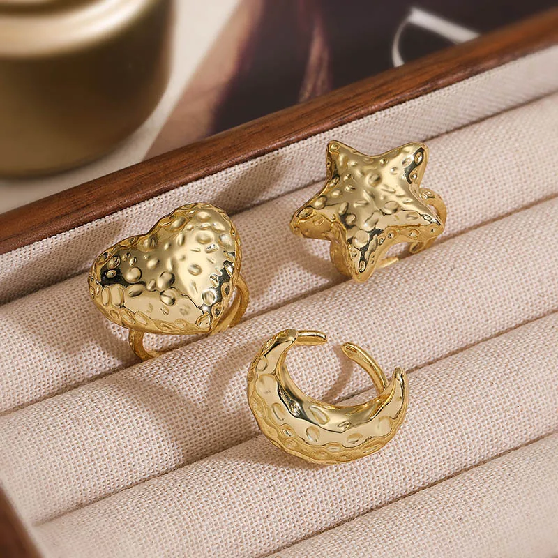 HECHENG، افتتاح حلقة معدنية قابلة للتعديل نمط القلب القمر للجنسين زوجين خواتم جو بسيط 1 قطعة