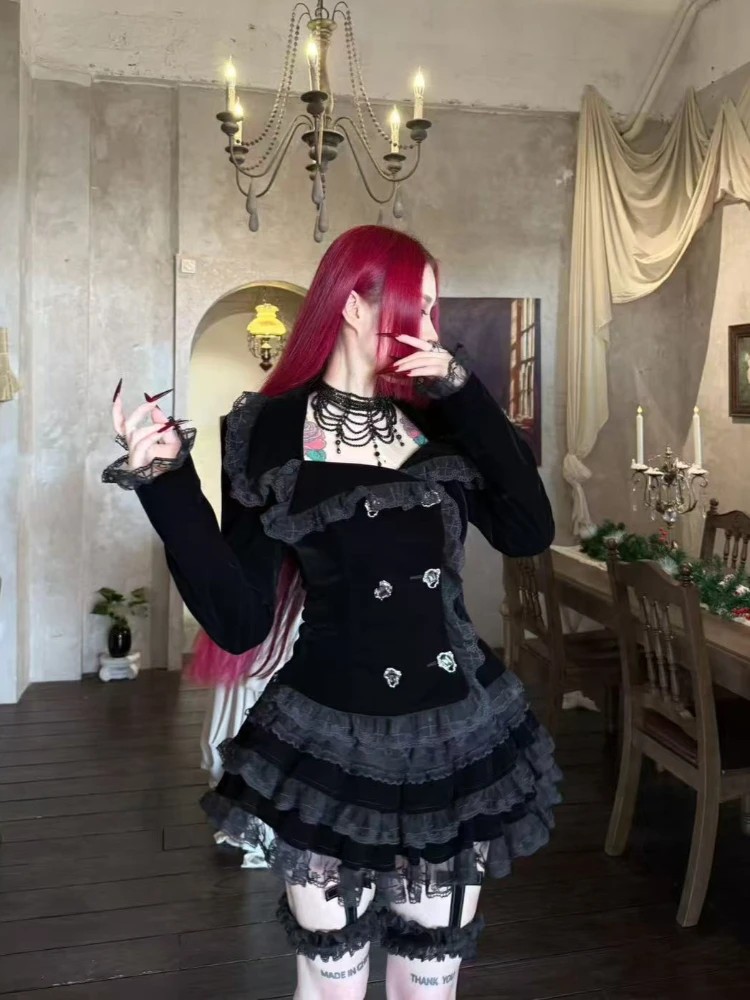 Gothic Palace Style Lace Black 2-piece Set Women High Street Darkly Slim Patchwork Cross Cake Skirt Suit Y2k Hot Girl Outfits