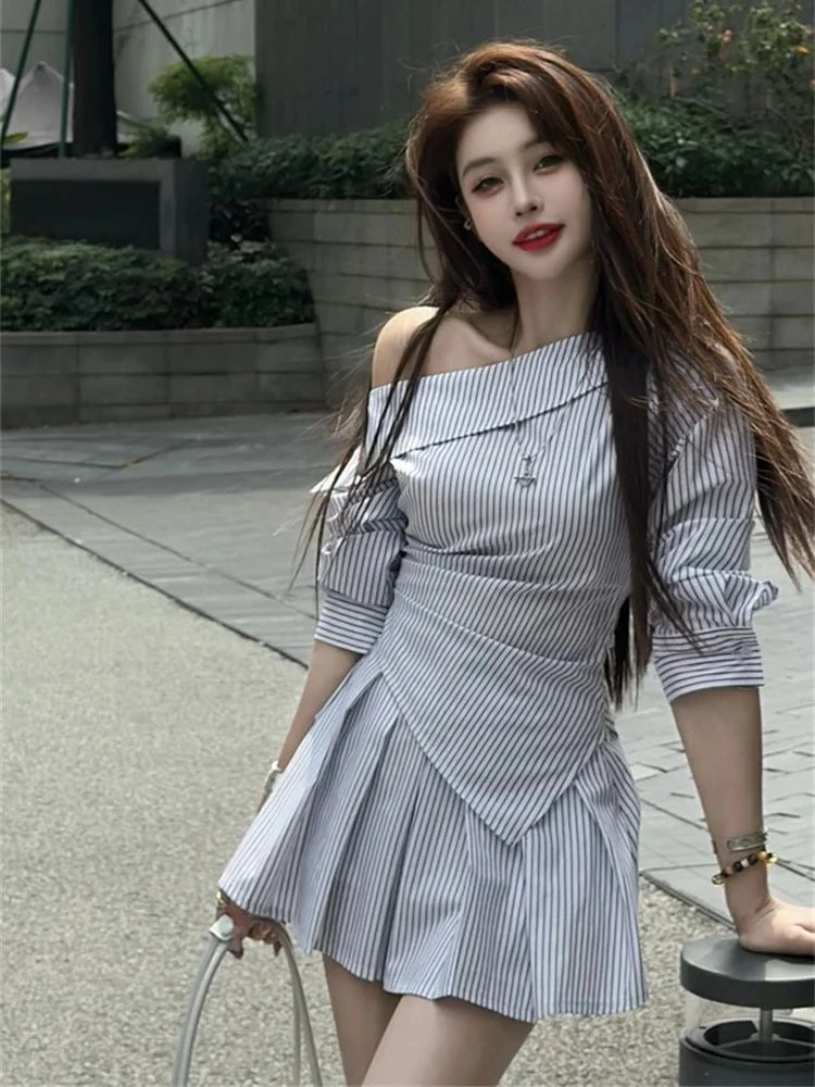 

Women Striped Long Sleeve Crop Top And Midi Skirt Set Spring Fashion Waist Cinching Outfit