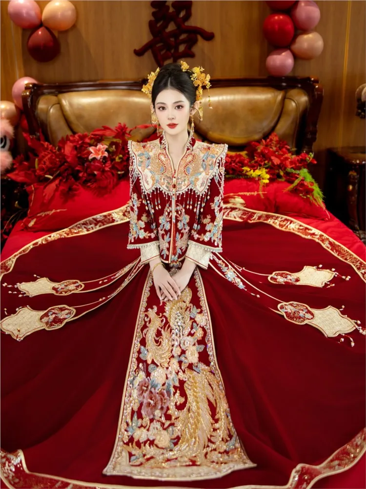 Velvet wedding dress gown new Chinese-style for brides and toasting
