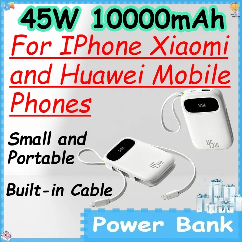 45W 10000mAh 파워 뱅크 (내장 케이블 포함) 아이폰, 샤오미, 화웨이 휴대폰용 소형 휴대용 보조배터리