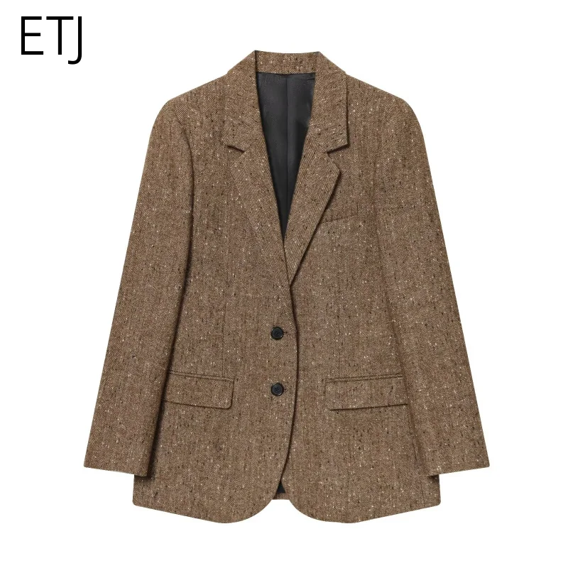 ETJ 2025 collection hiver femme Maillard couleur deux boutons mélange motif chevrons veste de costume décontractée