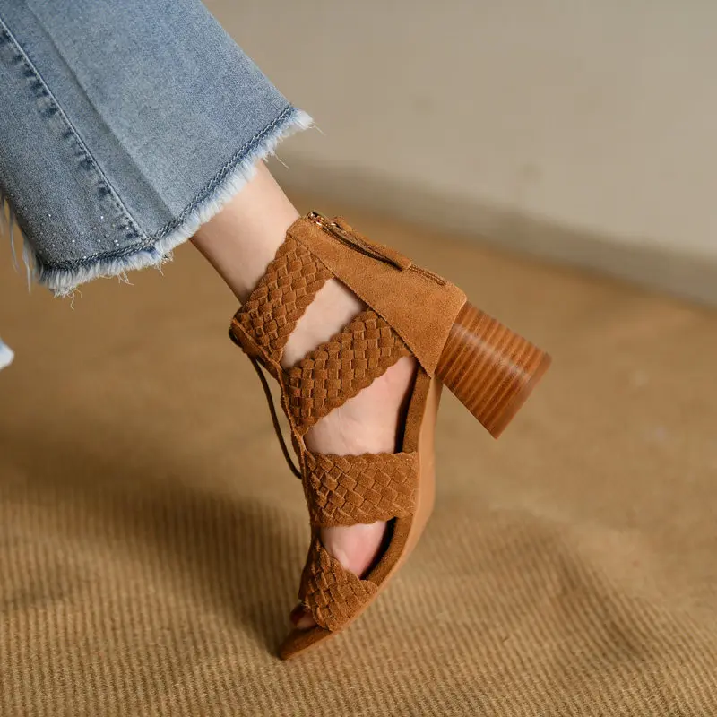 Retro Brown Woven Women Chunky Heels Square Toe Open-toe Sandals Lace-up Ankle Wrap Shoes