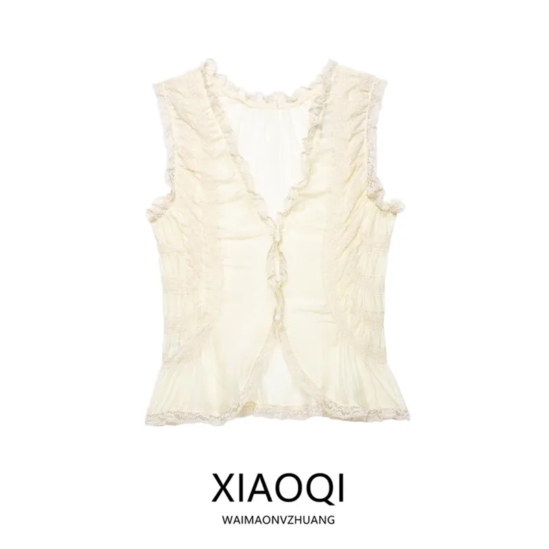 

Весна-Лето 2026: Новая женская модная блузка без рукавов с кружевом, V-образным вырезом и драпировкой, универсальный стиль для офиса, свободный крой, стандартная длина