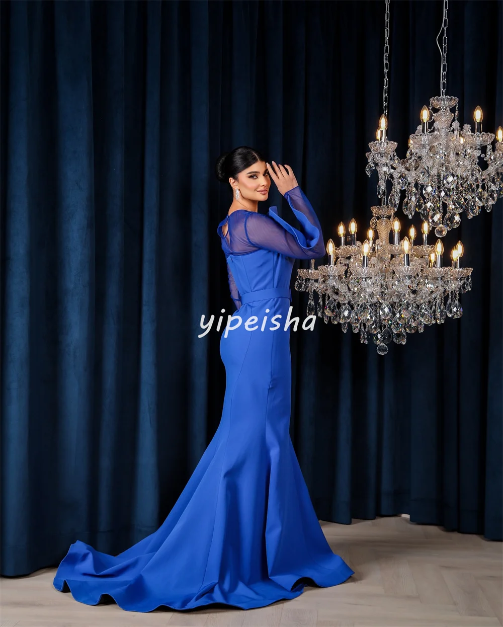 ที่กําหนดเองคุณภาพสูง Classic Jersey Sash Pleat Mermaid Scoop คอชุดยาว Bespoke โอกาสชุดสไตล์โมเดิร์นอย่างเป็นทางการ