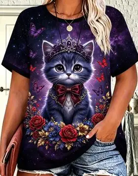 Women Galaxy Flower Crown Panda Ringer Graphic T‑Shirt Butterfly Floral Casual Short Sleeve Tee Top
