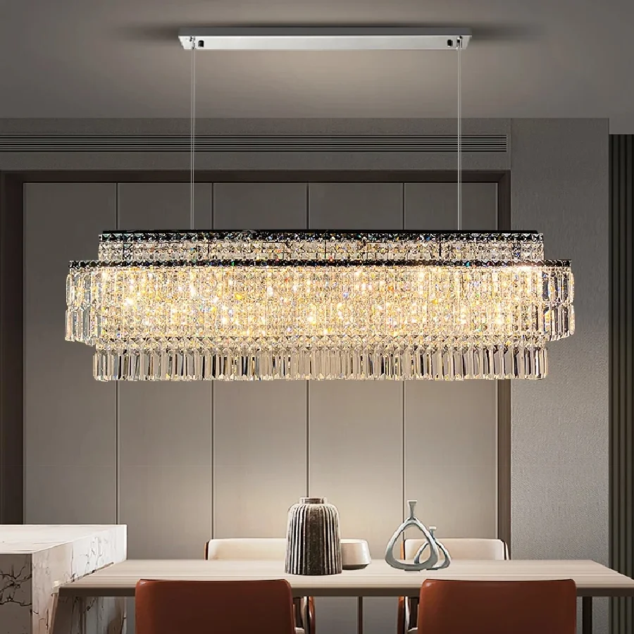 

Modern Rectangle Led Crystal Chandelier For Dining Room Luxury Home Decor Indoor Lighting Fixtures Silver Kitchen Hanging Lamps