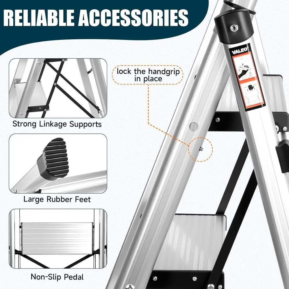 Échelle pliante en aluminium à 5 marches avec poignée, marches antidérapantes, charge de 330 lb, aide compacte pour cuisine/garage, portable, argent