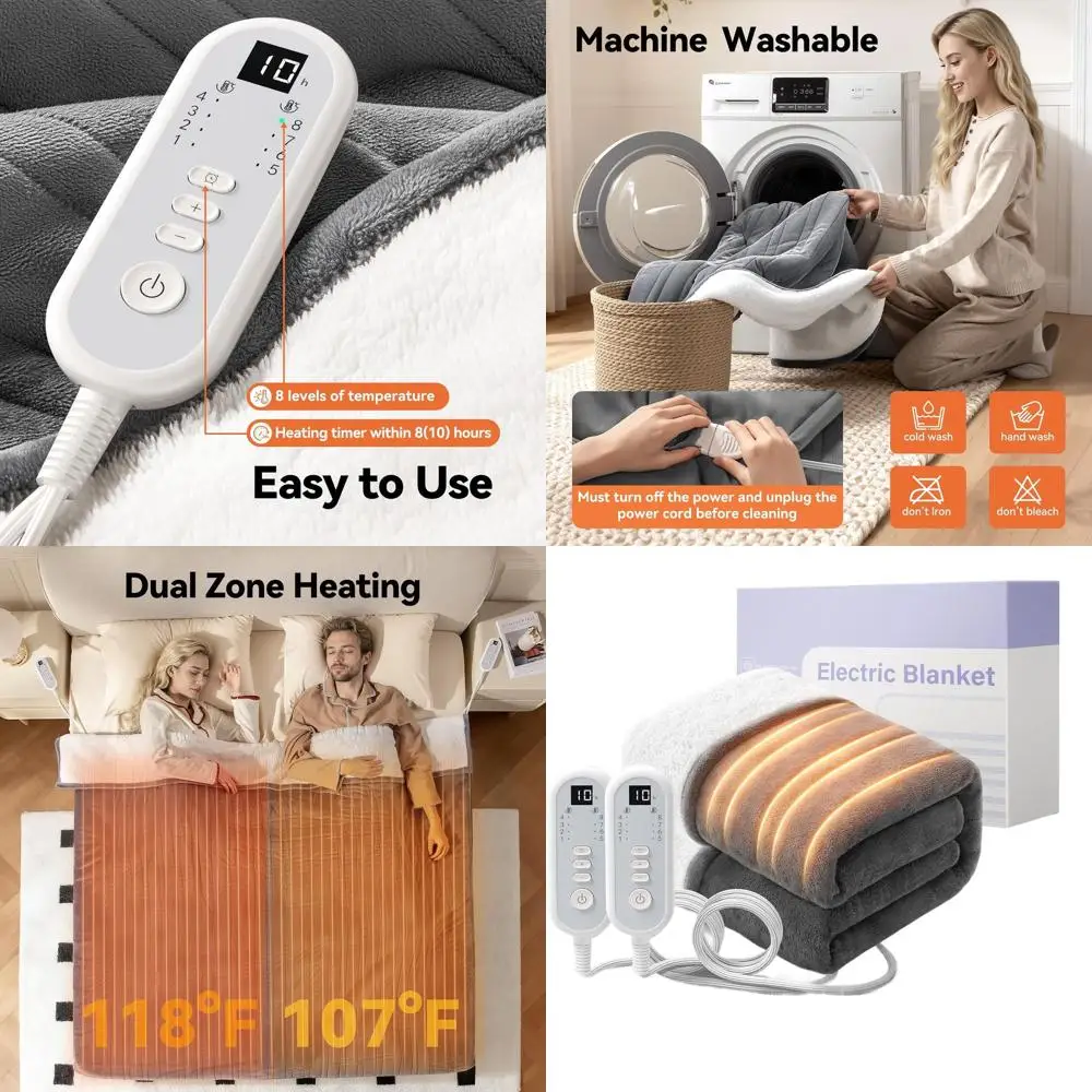 

Queen Size Electric Heated Blanket with Dual Control, Safety Tech, 84x90, 10H Auto-Off, 8 Heat Settings, Flannel & Sherpa, Perfe