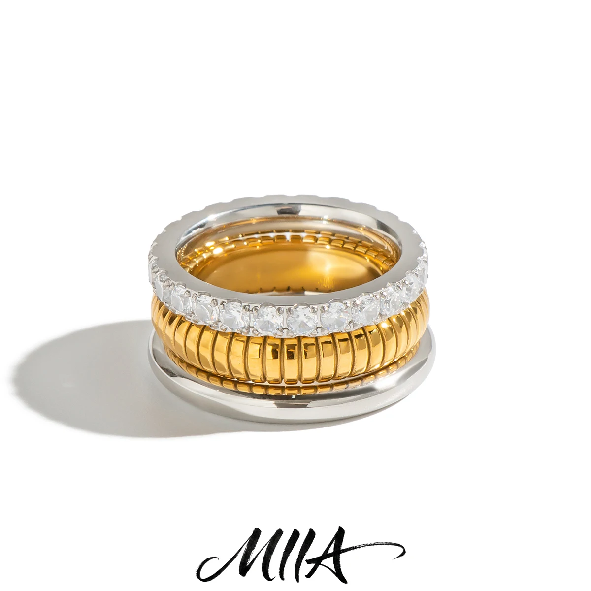 Miia Jewelry 18K Gold Silver Tone 3Pcs Stackable Ring Set Ribbed Texture Eternity CZ Band Stainless Steel Rings For Women