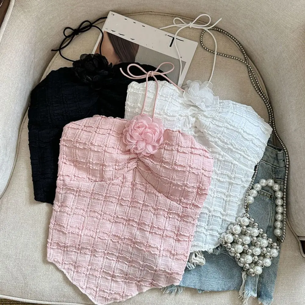 Fashion Pleated Halter Flower Camisole Sweet Sleeveless Slim Crop Tops Spicy Girl Suspender Vest Beach