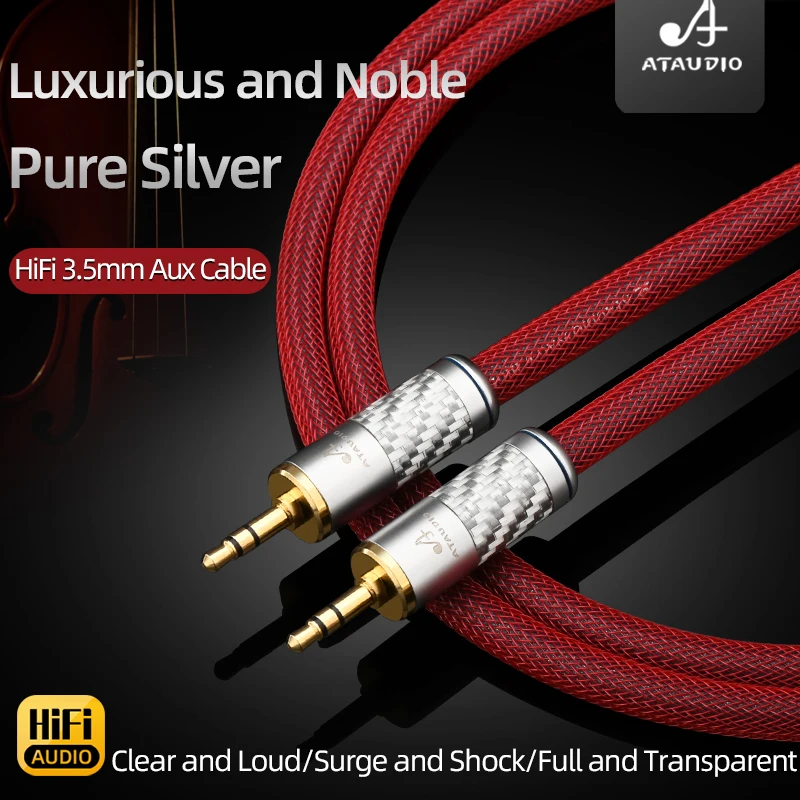 ATAUDIO HiFi 3.5 AUX Cable High Quality 6N Pure Silver for Headphone Cpmputer Car Jack 3.5mm to 3.5mm Audio Cable