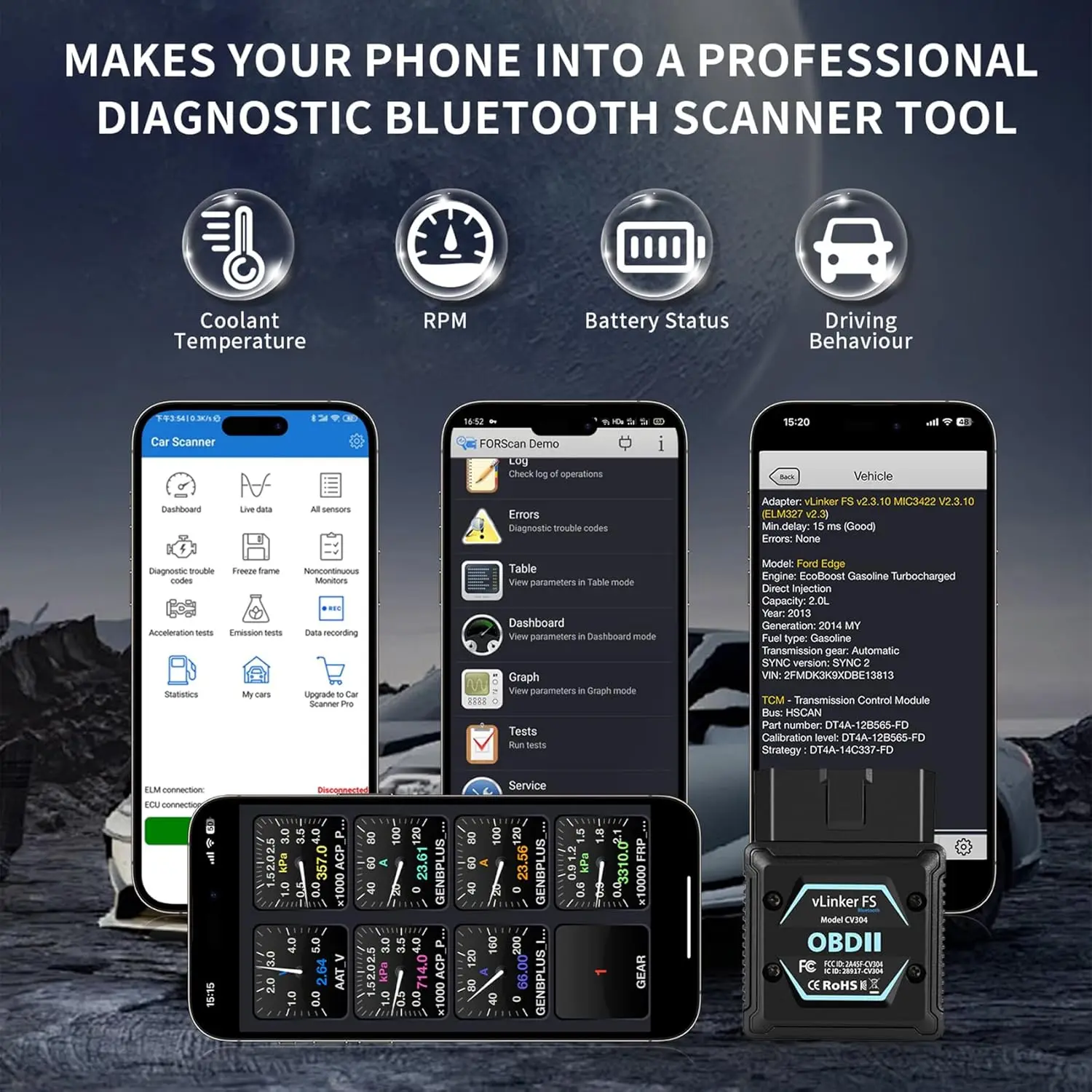 الماسح الضوئي V-gate FS Bluetooth Obd2، قارئ الرمز اللاسلكي لأجهزة iPhone، Android، Windows، التحكم ثنائي الاتجاه، تشخيص جميع الأنظمة #5