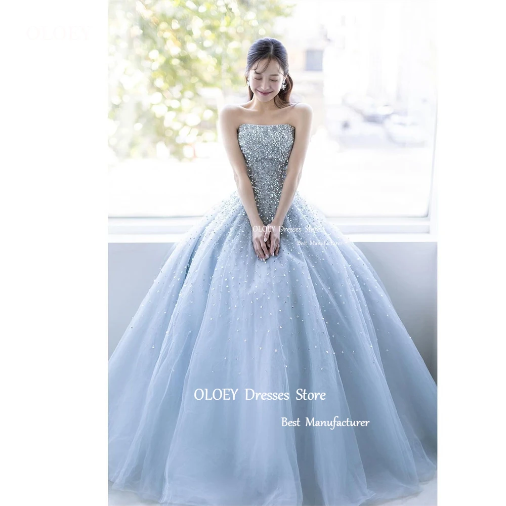 

OLOEY Sparkly Shiny Light Blue Korea Evening Dresses Shiny Beads Wedding Photo shoot Straps Fairy Prom Gowns Corset Back