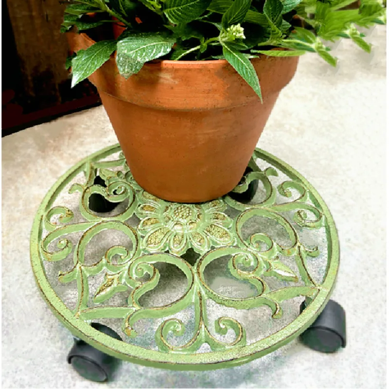 

Living Room Decorative Plant Stand Garden Wrought Iron Flower Pot Tray Hollow Lace Flower Base Convenient Mobile Plant Rack