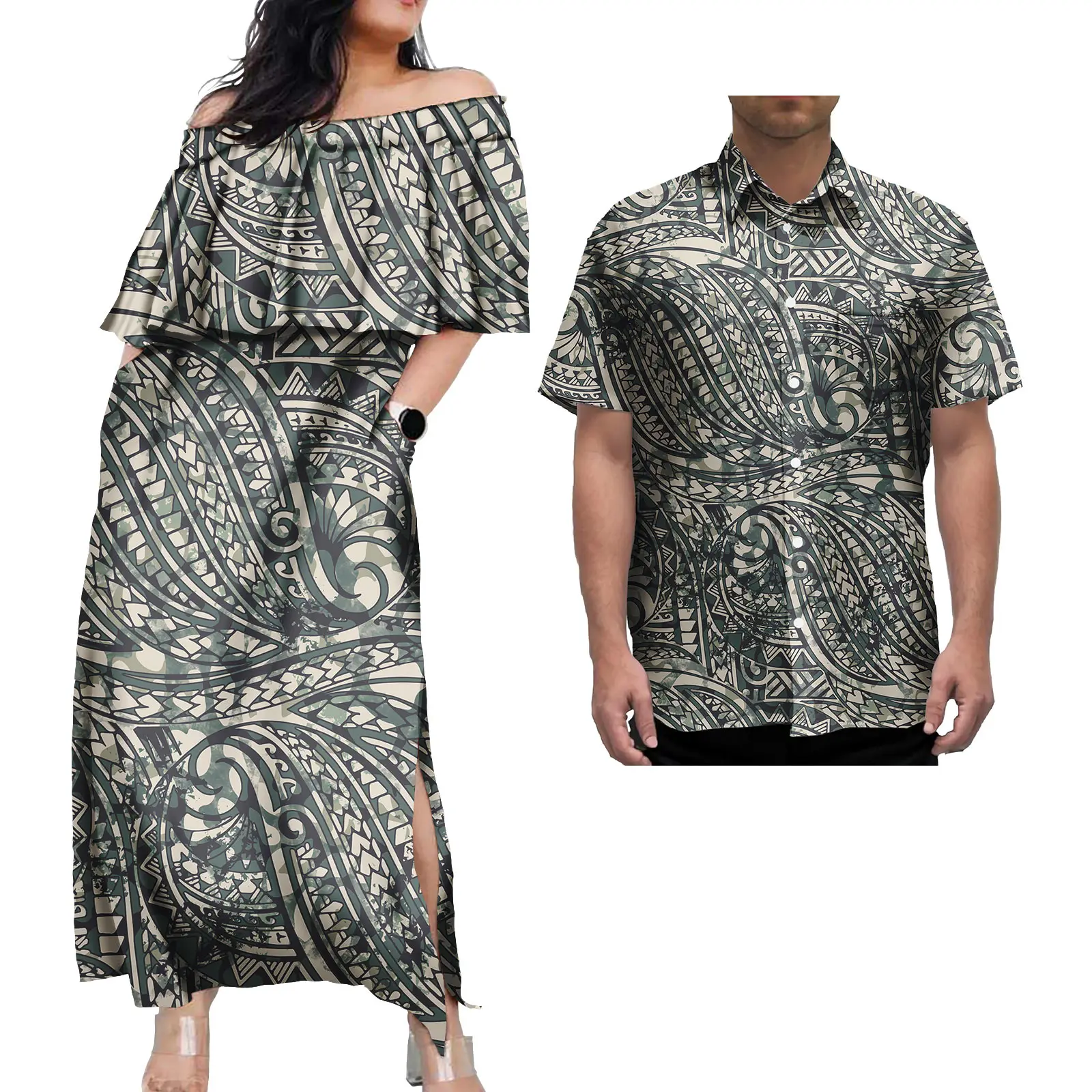 Abiti da coppia da sera Abiti casual con stampa tropicale tribale polinesiana e camicia da uomo Abito da coppia Abiti da coppia tribali eleganti