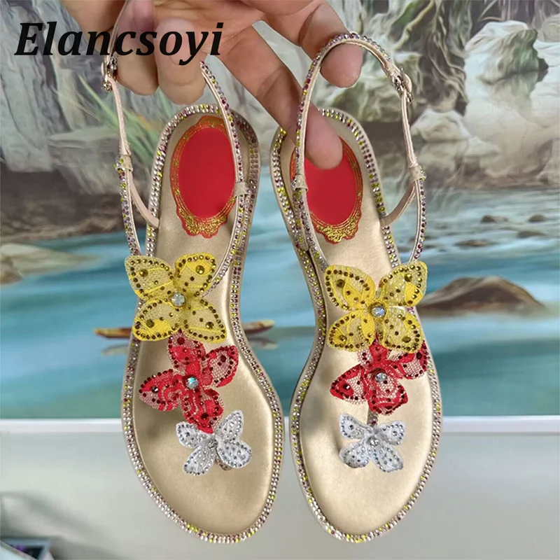 Chanclas de verano, Sandalias planas con punta abierta, zapatos de fiesta con flores y diamantes de imitación brillantes para mujer, Sandalias de gladiador con correa y hebilla