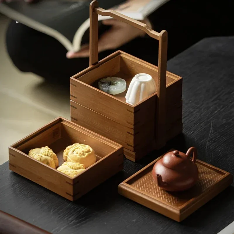 Retro Bamboo Storage Basket Traditional Chinese Fruit and Tea Food Container Portable Tea Set Box for Cultural Tea Ceremony