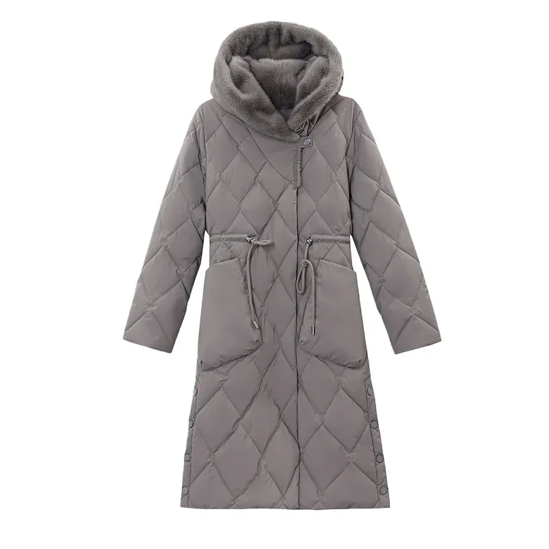 2025 Winter Women's New Cotton Jacket Female Fur Hooded Knee Length Thickened Warm Plush Collar Drawstring Waist Parkas Coats