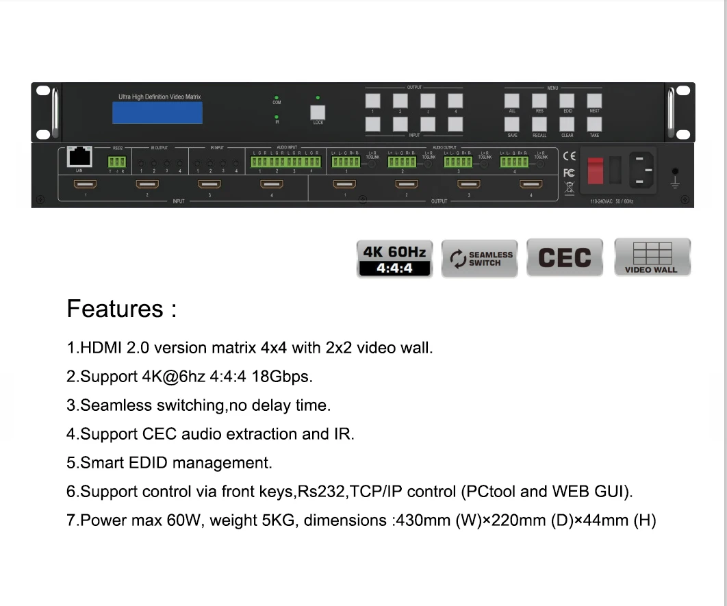 HDMI 2.0 version hdmi matrix over cat6 4X4 4K@60hz 4:4:4