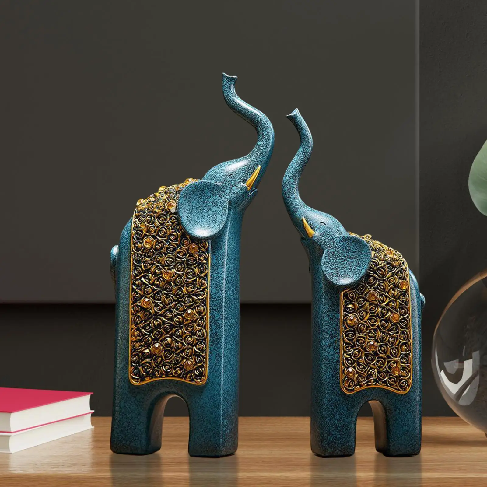 2Pcs Elephant Statues Resin Feng Shui Decor Collectible Decorations Home Decor for Bedroom Desktop Office Entrance Tabletop