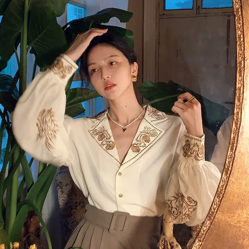 Shirts Women Lantern Sleeve Notched Print Temperament Casual Korean Style French Retro Elegant Hot Sale All-match Ladies Blouses