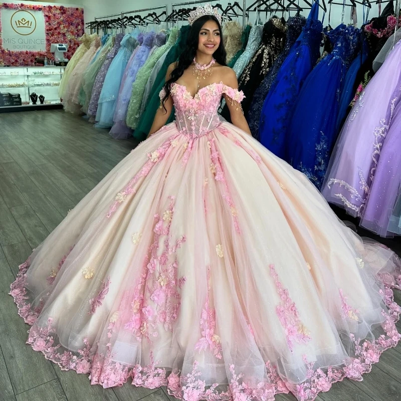 

Pink Sparkly Quinceanera Dresses Ball Gown Off The Shoulder 3D Flower Lace Applique Beads Tull Corset Sweet 16 Dress Vestidos