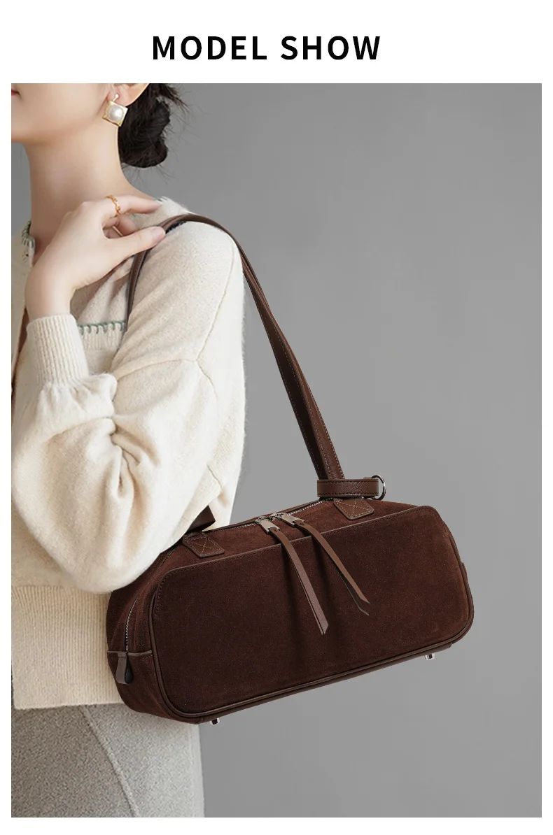 Echte Rindsleder-Damenhandtasche, Einzel-Schulter-Unterarmtasche, Wildleder-Gebürstete Bowling-Tasche – Detail 1